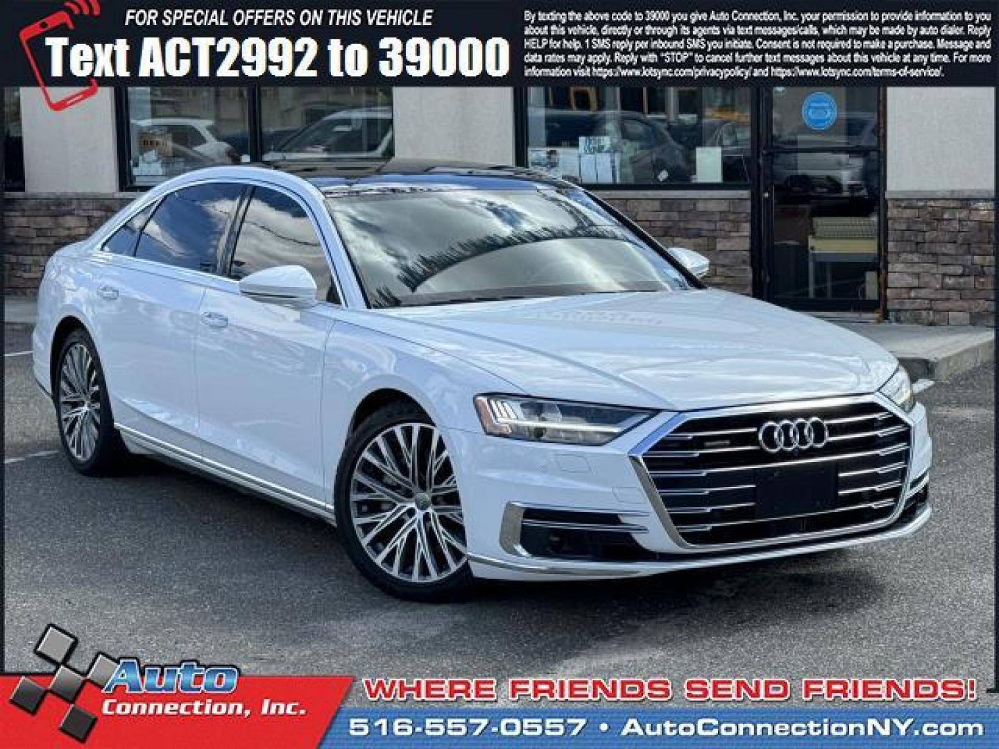 2019 Glacier White Metallic /Nutmeg Brown Audi A8 L 55 TFSI quattro (WAU8DAF88KN) , Automatic transmission, located at 1696 Sunrise Hwy, Bay Shore, NY, 11706, (516) 557-0557, 40.733665, -73.256317 - Photo#0